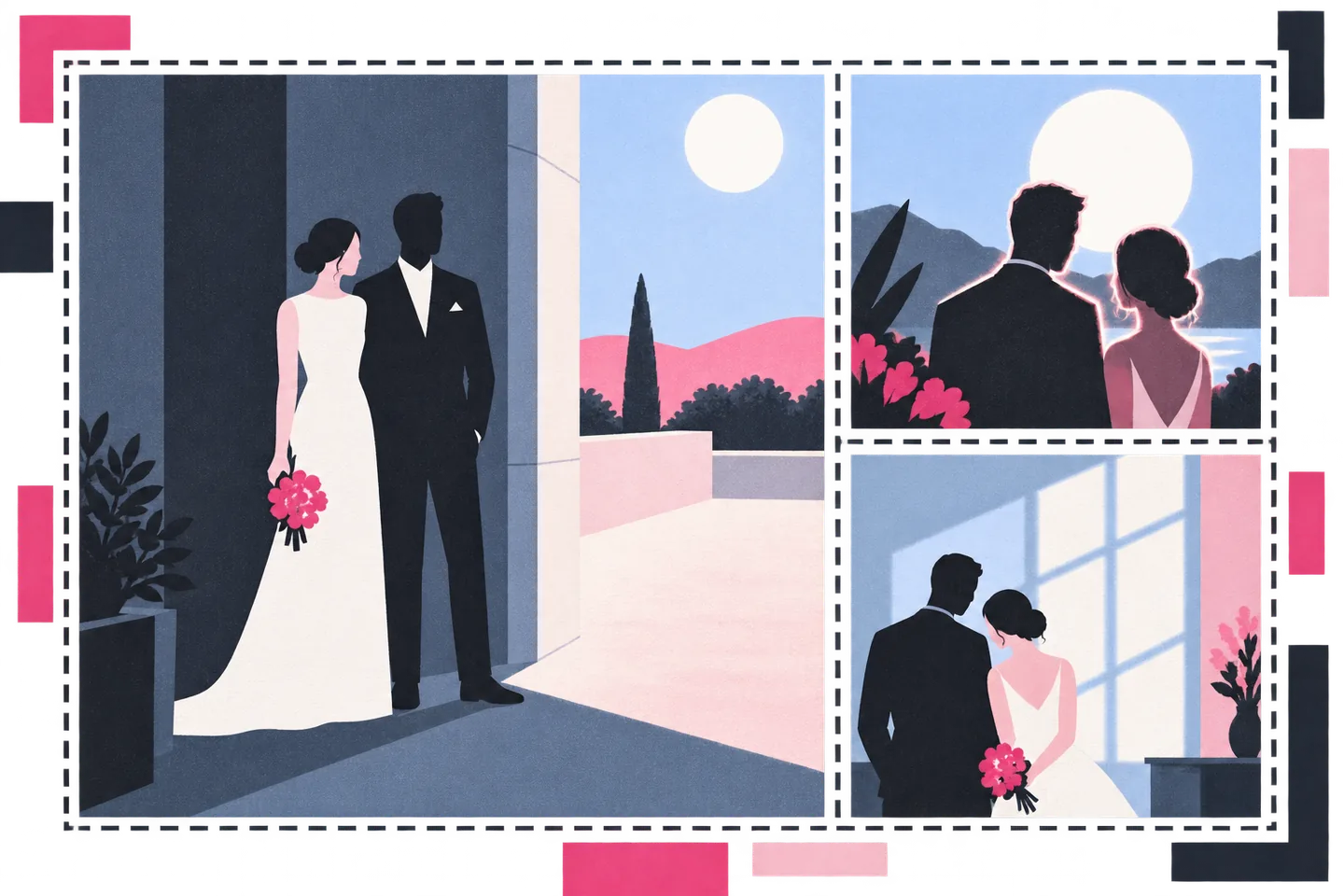 Blue, charcoal and pink three-panel illustration of an anonymous wedding couple in open shade, backlit by the sun, and beside a window.