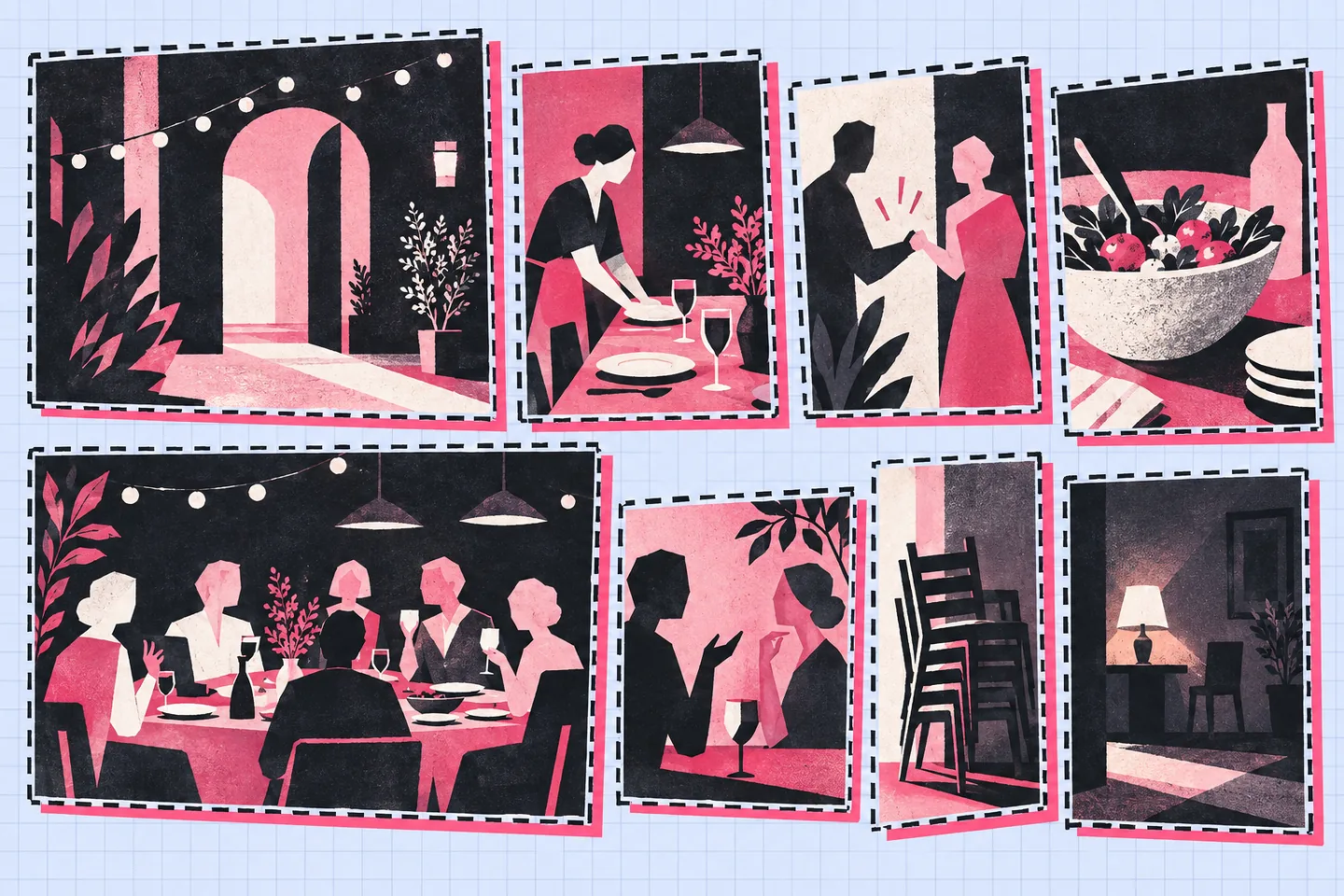 Eight pink and charcoal illustrated contact-sheet frames sequence a gathering from an open doorway through table preparation, greetings, food and conversation to stacked chairs and a quiet lamplit room.