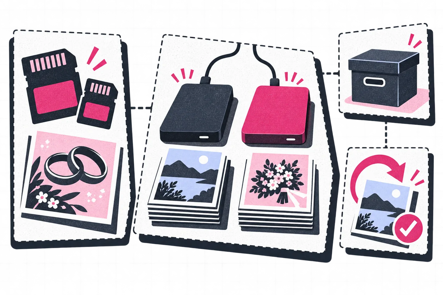 Pink and charcoal illustration of camera memory cards, two backup drives, wedding-detail prints, an archive box, and a checked restore arrow in dashed frames.